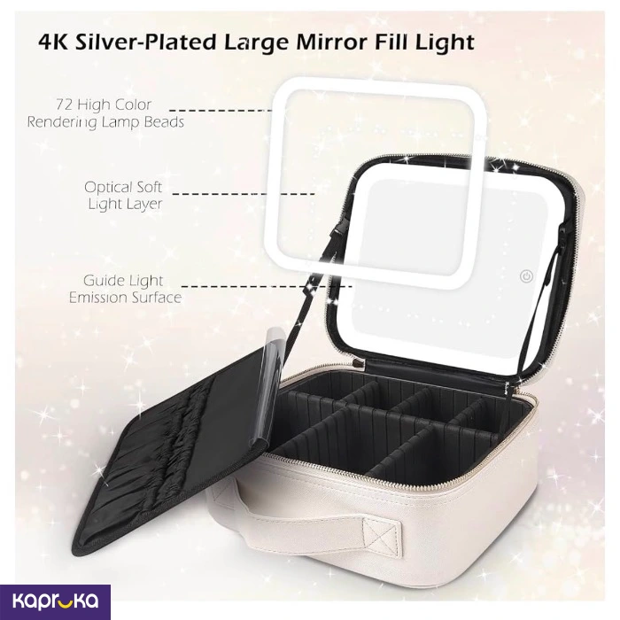Portable Travel Makeup Cosmetic Organizer White Bag Box With Removable Light Mirror