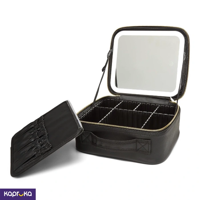 Portable Travel Makeup Cosmetic Organizer Black Bag Box With Removable Light Mirror