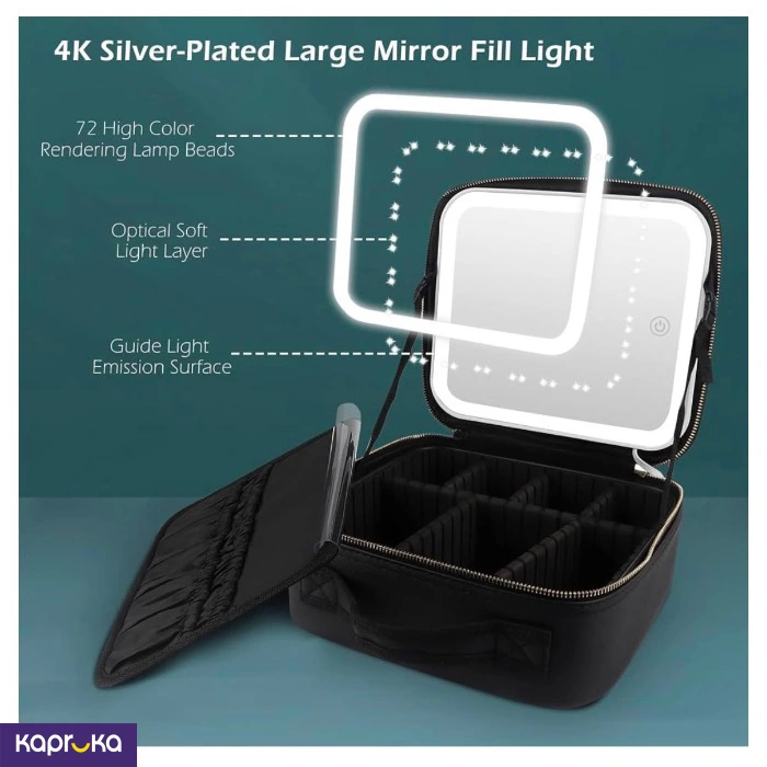 Portable Travel Makeup Cosmetic Organizer Black Bag Box With Removable Light Mirror