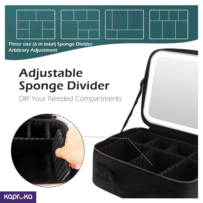 Portable Travel Makeup Cosmetic Organizer Black Bag Box With Removable Light Mirror