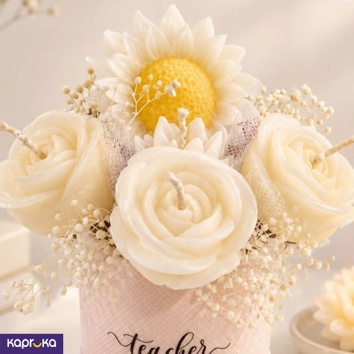 Golden Bloom For Teacher Scented Candle Flower Bouquet Arrangement By Giftos