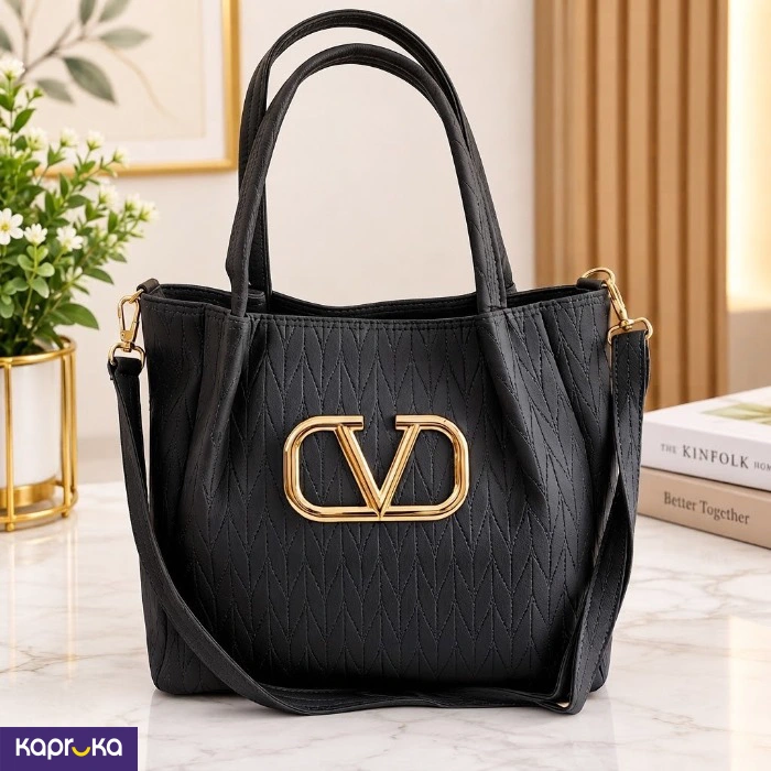 Sophisticated Black Textured Shoulder Bag With Gold Emblem