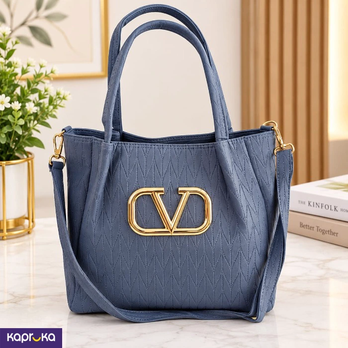 Sophisticated Dusty Blue Textured Shoulder Bag With Gold Emblem