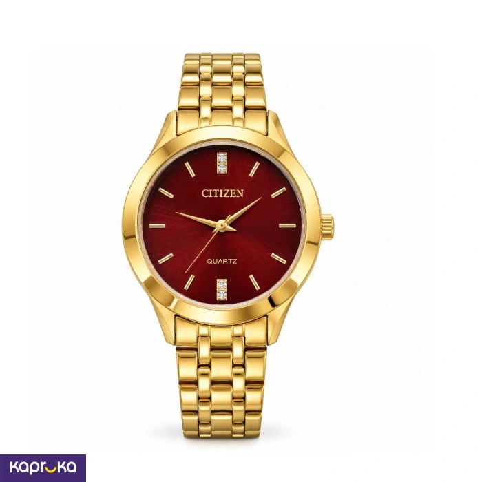 Citizen Mens Gold Tone Analog Quartz Watch With Maroon Dial And Metal Bracelet