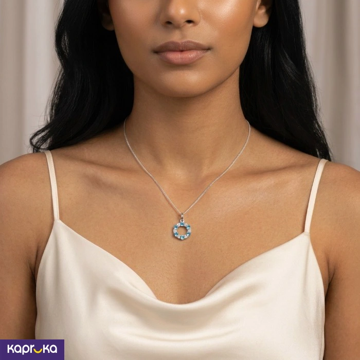 Handcrafted Sterling Silver Blue Topaz Circle Pendant With Necklace