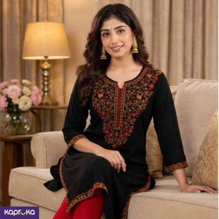Angels Attic Embroidery Black Kuruta Top