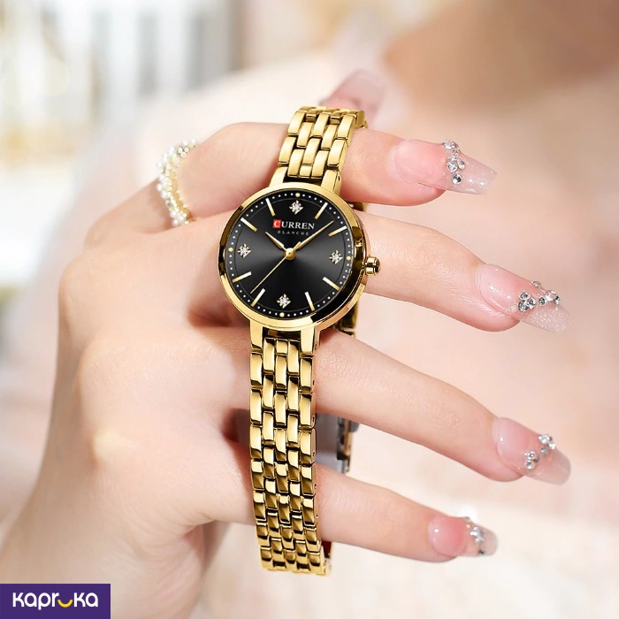 Curren Ladies Wrist Watch With Modern Black Dial Stainless Steel Gold Analog Watch