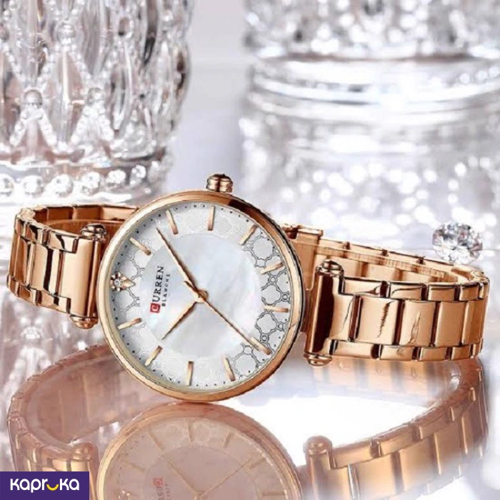 Curren Ladies Wrist Watch With Modern Silver Dial Stainless Steel Rose Gold Analog Watch