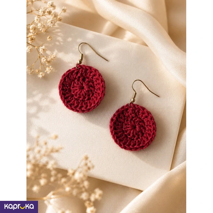 Handmade Crochet Round Drop Earrings Red