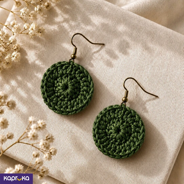 Handmade Crochet Round Drop Earrings Green