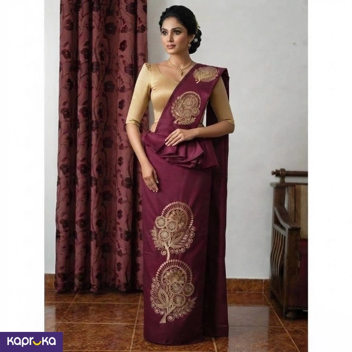 Linen Maroon Embroidery Kandyan Osari Saree