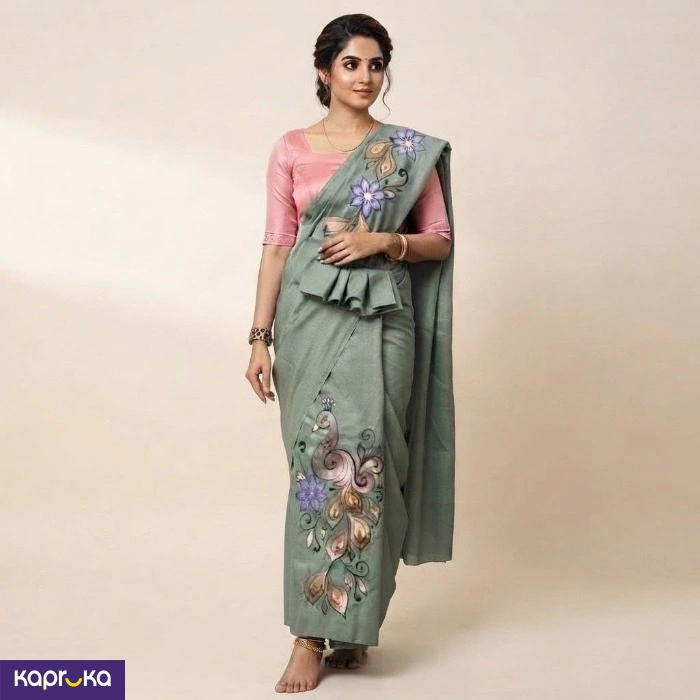 Linen Sage Green Colour Embroidery Kandyan Osari Saree