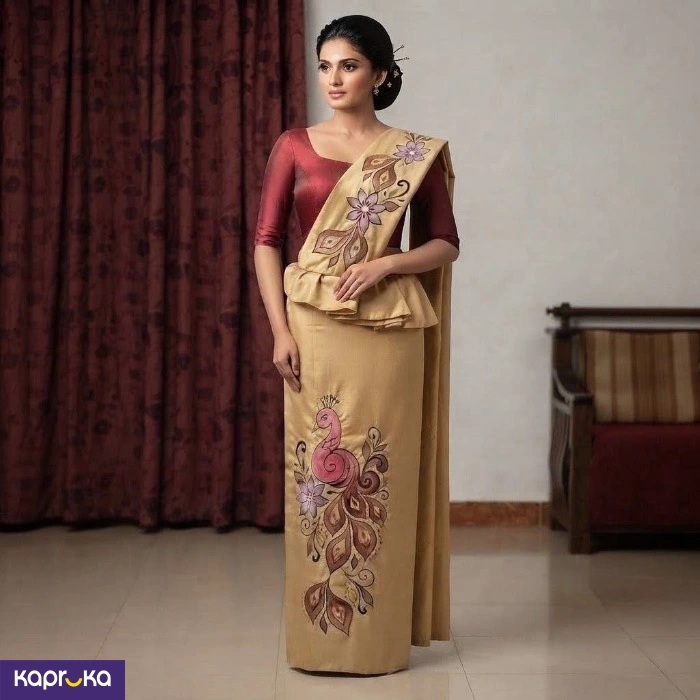 Linen Golden Beige Colour Embroidery Kandyan Osari Saree