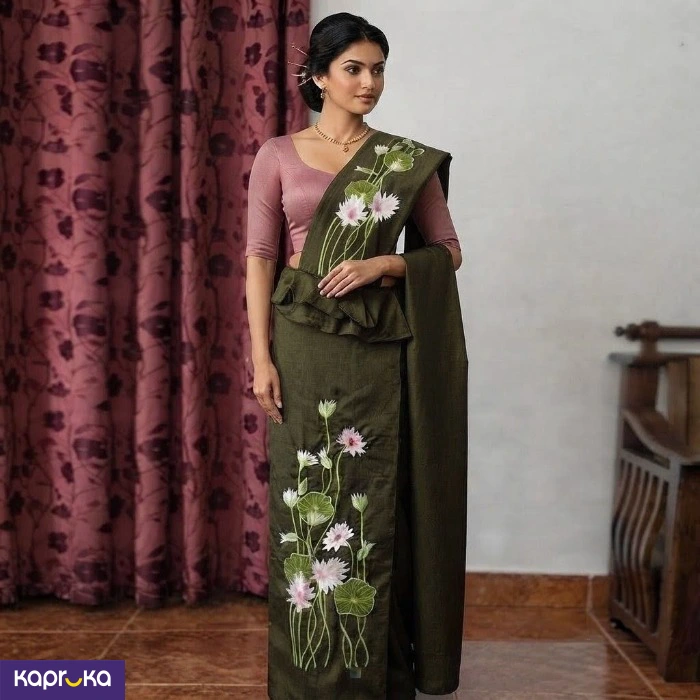 Linen Olive Green Colour Embroidery Kandyan Osari Saree