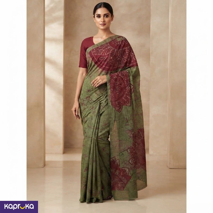 Olive Maroon Artisan Sri Lankan Handmade Cotton Batik Saree