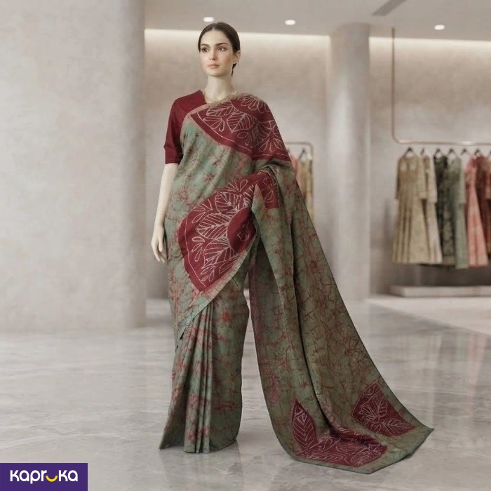 Olive Maroon Artisan Sri Lankan Handmade Cotton Batik Saree