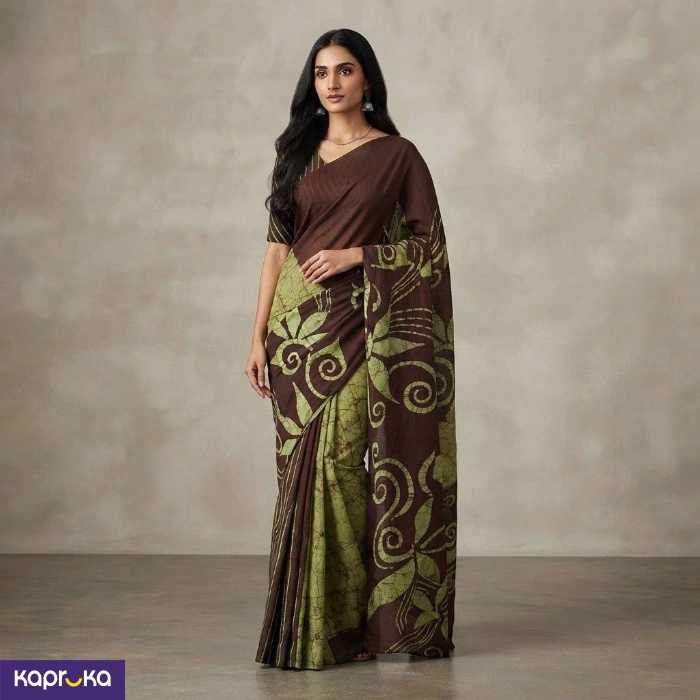 Olive Umber Grace Sri Lankan Handmade Cotton Batik Saree