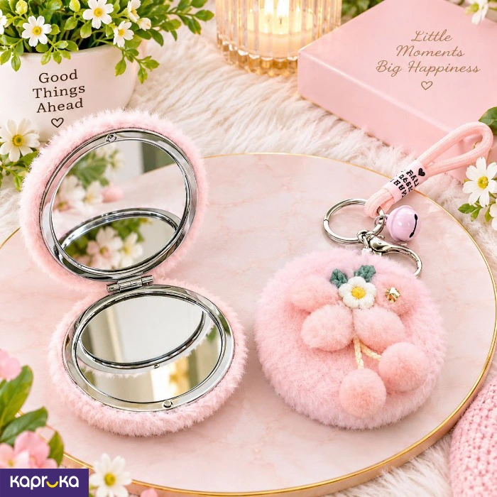 Cute Fluffy Round Floral Cherry Design Foldable Pocket Mirror With Keychain