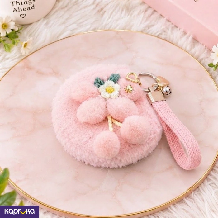 Cute Fluffy Round Floral Cherry Design Foldable Pocket Mirror With Keychain