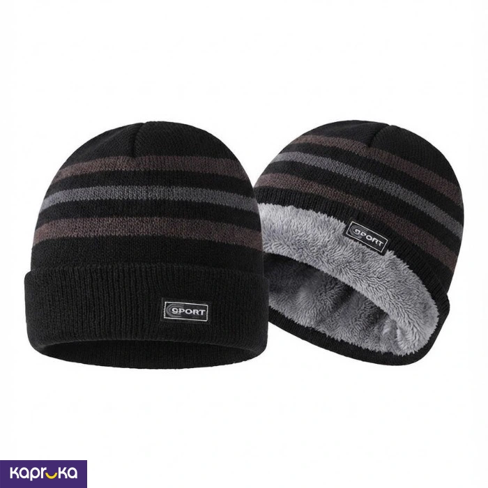 Striped Thermal Fleece Lined Beanie Hat