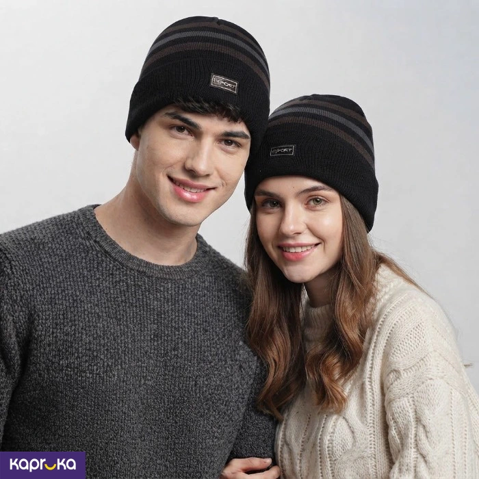 Striped Thermal Fleece Lined Beanie Hat
