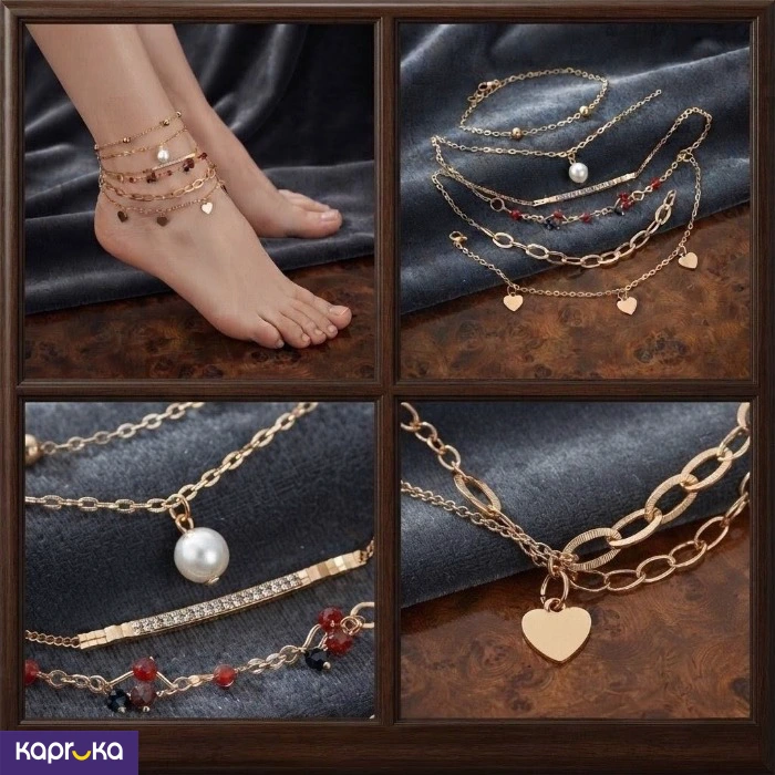 Layered Gold Tone Anklet Collection 6pcs