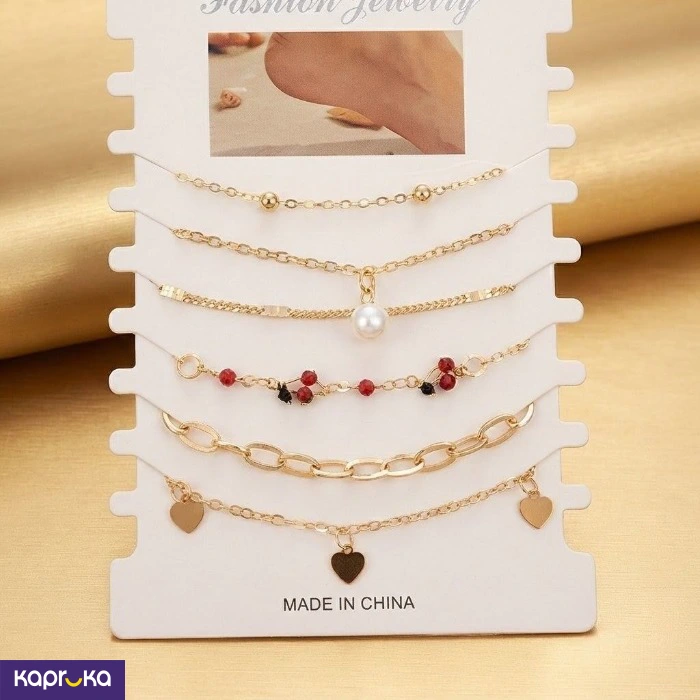 Layered Gold Tone Anklet Collection 6pcs