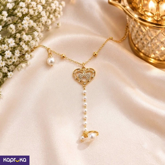 Elegant Gold Tone Heart And Faux Pearl Hand Chain With Ring