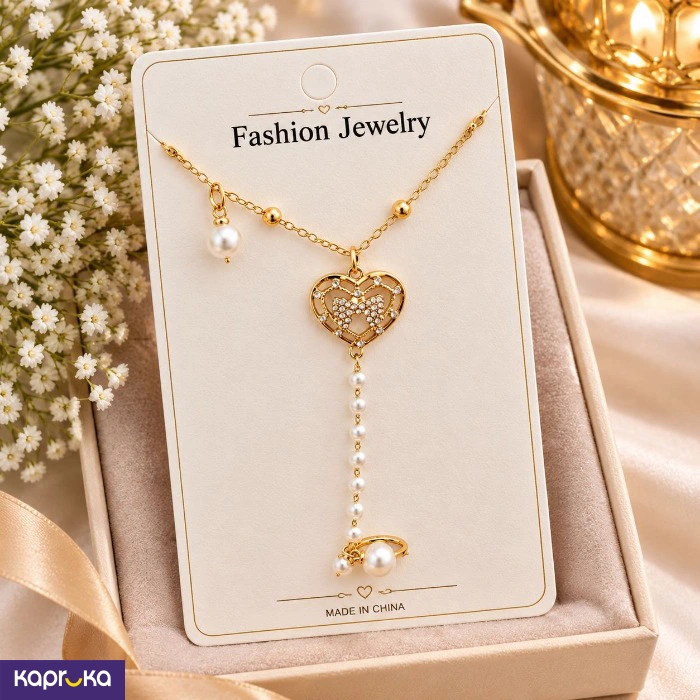 Elegant Gold Tone Heart And Faux Pearl Hand Chain With Ring