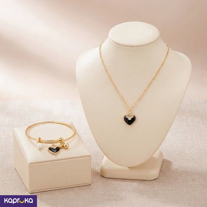 Gold Tone Luxury Noir Heart Clover Luxe Jewellery Set