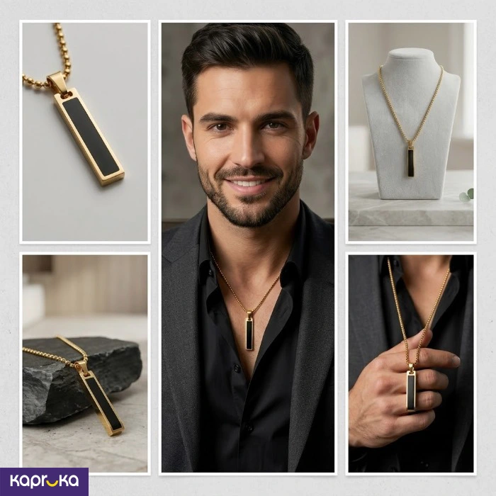 Modern Gold Tone Black Inlay Bar Pendant Chain