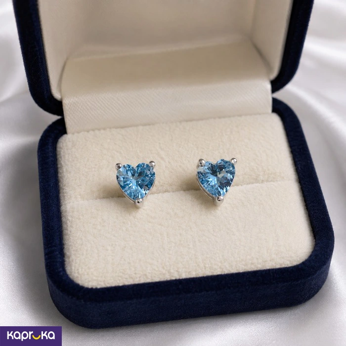 925 Silver With Natural Blue Topaz Heart Shape Gem Stone Mounted Earring