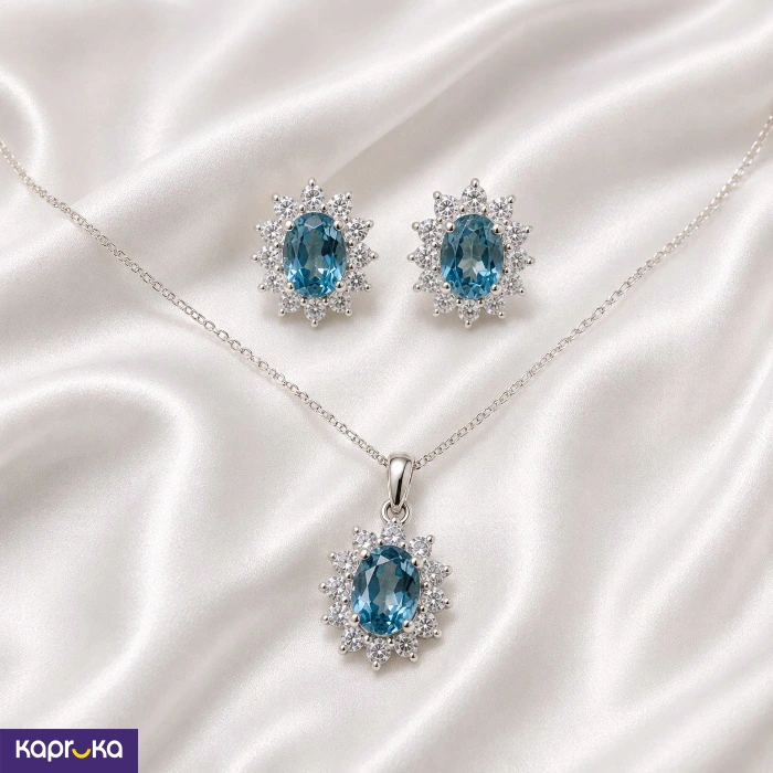 925 Silver Natural Blue Topaz With Cubic Zirconia Mounted Jewellery Set