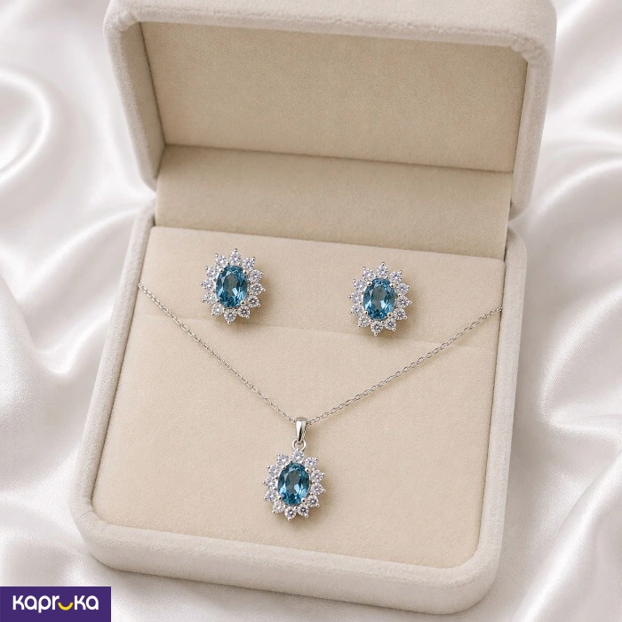 925 Silver Natural Blue Topaz With Cubic Zirconia Mounted Jewellery Set
