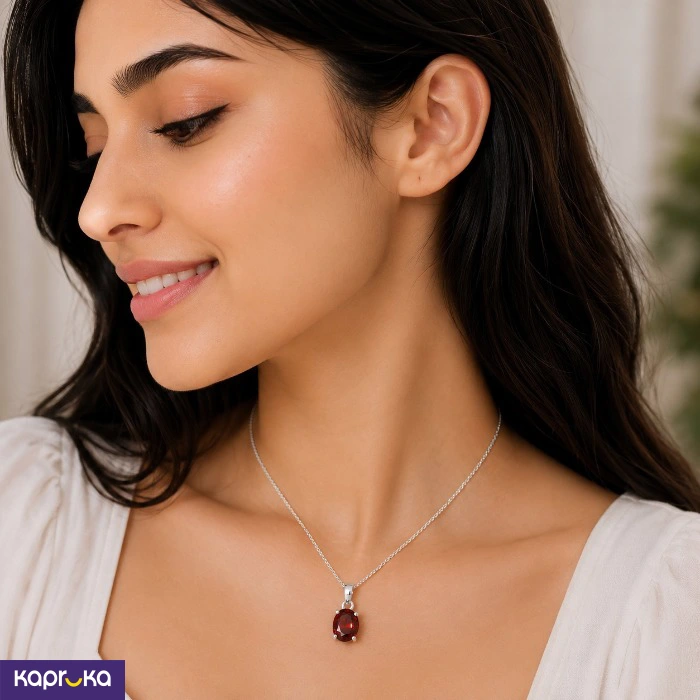 925 Silver Natural Red Garnet Pendant With Chain