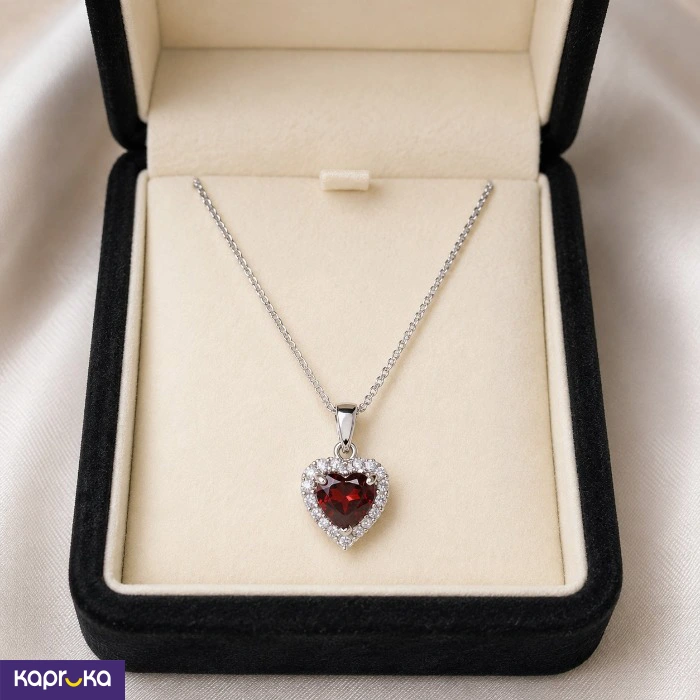 925 Silver Heart Shape Natural Garnet And Cubic Zirconia Mounted Womens Necklace Set