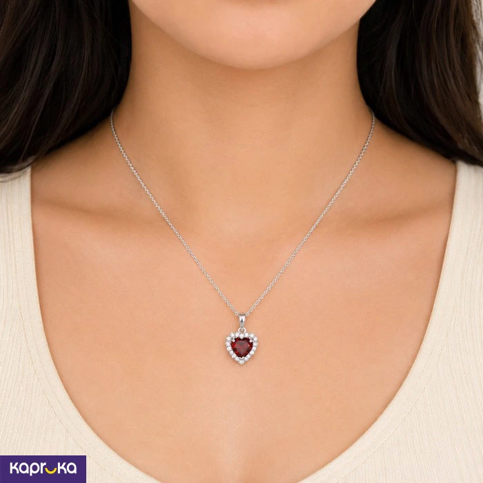 925 Silver Heart Shape Natural Garnet And Cubic Zirconia Mounted Womens Necklace Set