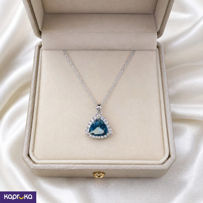 925 Silver Natural Blue Topaz With Cubic Zirconia Stone Womens Pendant And Chain Necklace Set