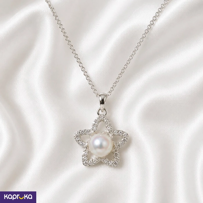 925 Silver Natural Pearl And Cubic Zirconia Mounted Woemens Pendant Necklace Set