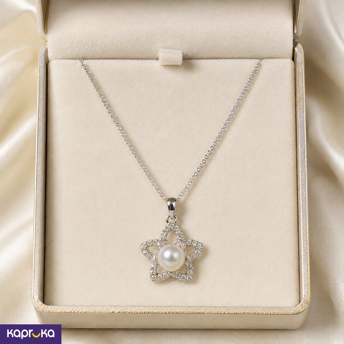925 Silver Natural Pearl And Cubic Zirconia Mounted Woemens Pendant Necklace Set