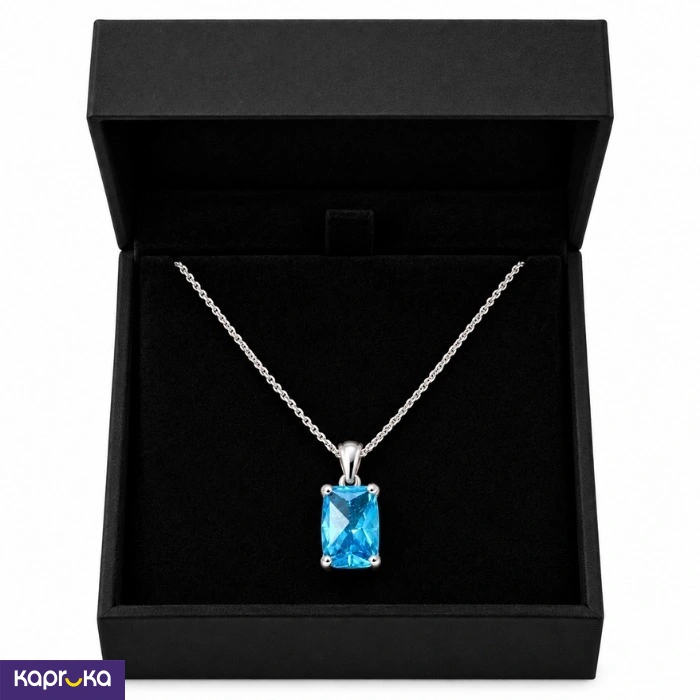 925 Silver Natural London Blue Topaz Pendant With Chain Necklace Set
