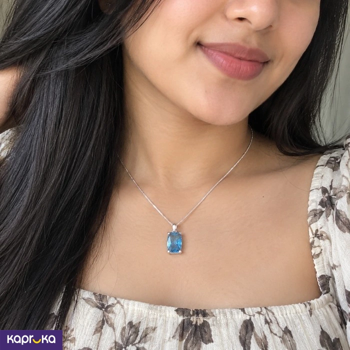 925 Silver Natural London Blue Topaz Pendant With Chain Necklace Set