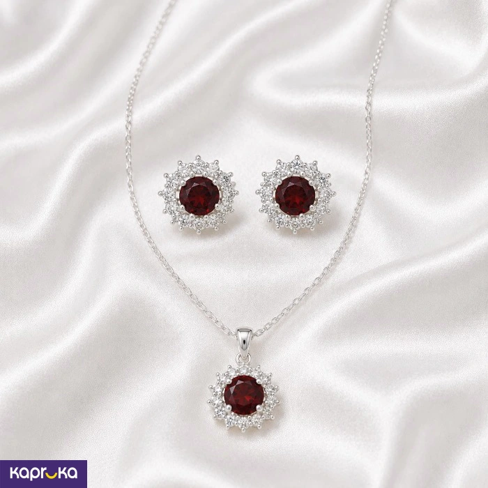 925 Silver Natural Red Garnet Mounted Womens Earring And Necklace Set