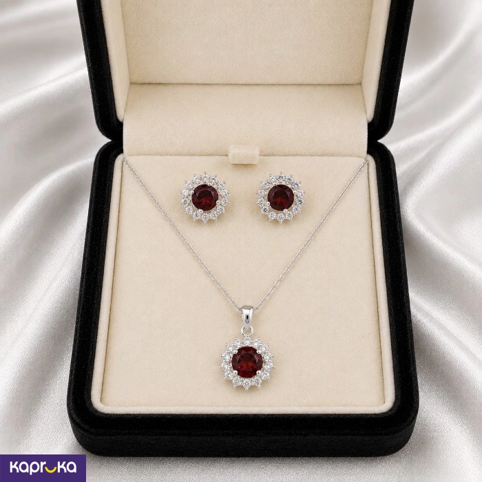 925 Silver Natural Red Garnet Mounted Womens Earring And Necklace Set