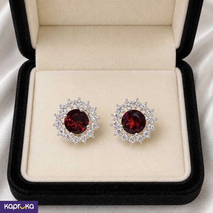 925 Silver Natural Red Garnet Mounted Womens Earring And Necklace Set