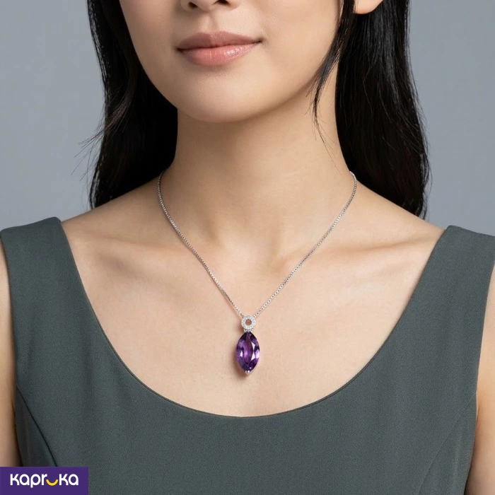 925 Silver Natural Amethyst Pendant With Chain Set