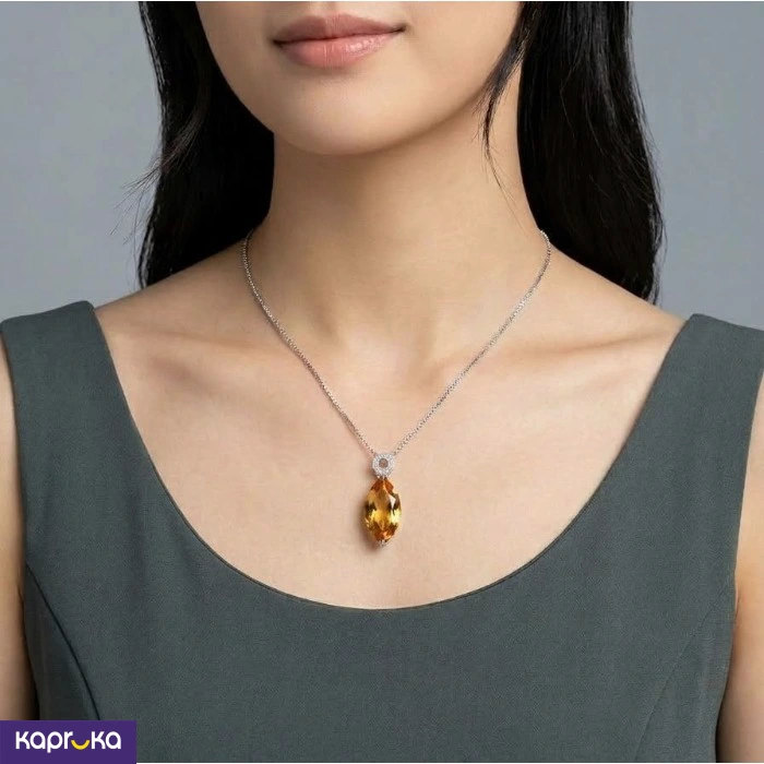 925 Silver Natural Citrine Womens Pendant With Chain Set