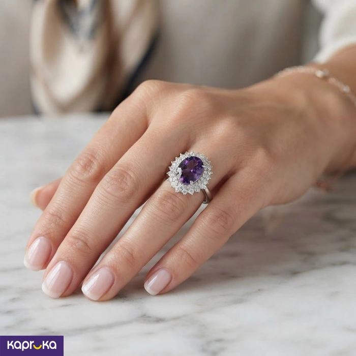925 Silver Natural Amethyst With Cubic Zirconia Womens Queen Ring