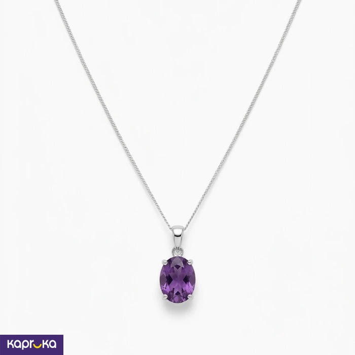 925 Silver Natural Amethyst Pendant With Chain Set