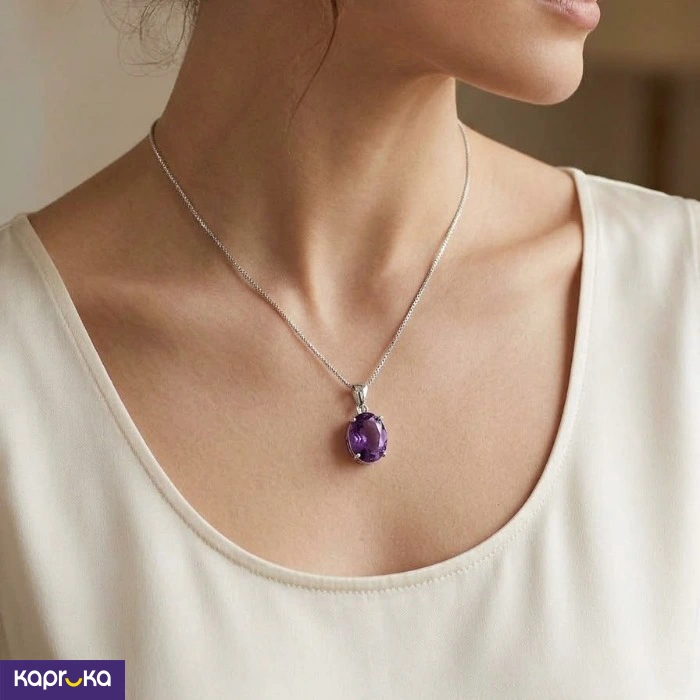 925 Silver Natural Amethyst Pendant With Chain Set